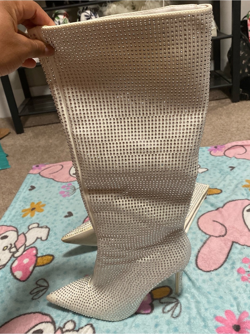 White Crystal Embellished Knee-High Pointed Toe Stiletto Boots